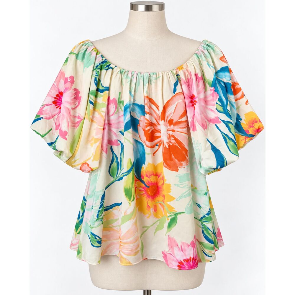 NWT Umgee Floral Puff Sleeve Boho Chic Cottagecore Garden Artsy Blouse Size L